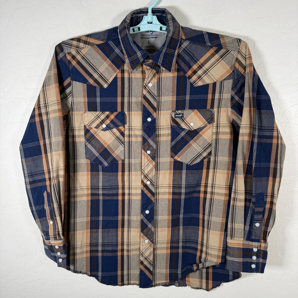 Wrangler Western Shirt Mens Large Blue Tan Plaid Advanced Comfort Snap Cowboy